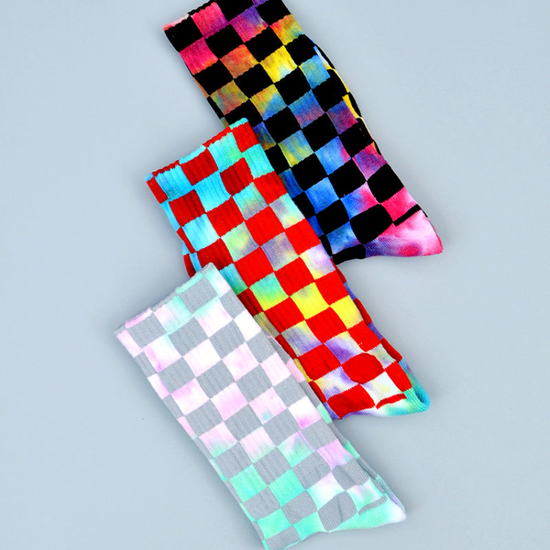 Checkerboard Tie-dye Socks Unisex 3 Pack Novelty Socks