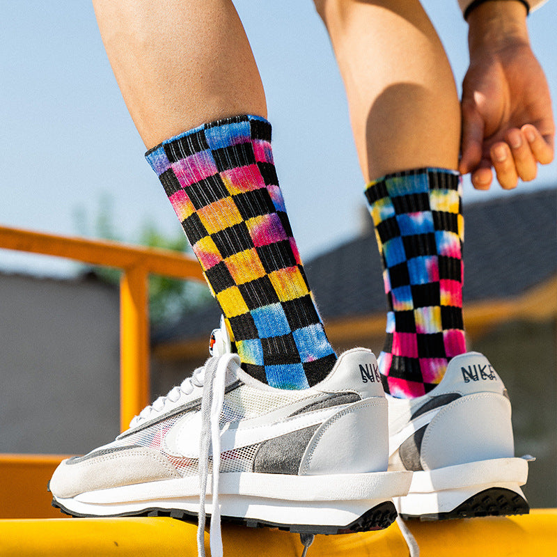 Checkerboard Tie-dye Socks Unisex 3 Pack Novelty Socks