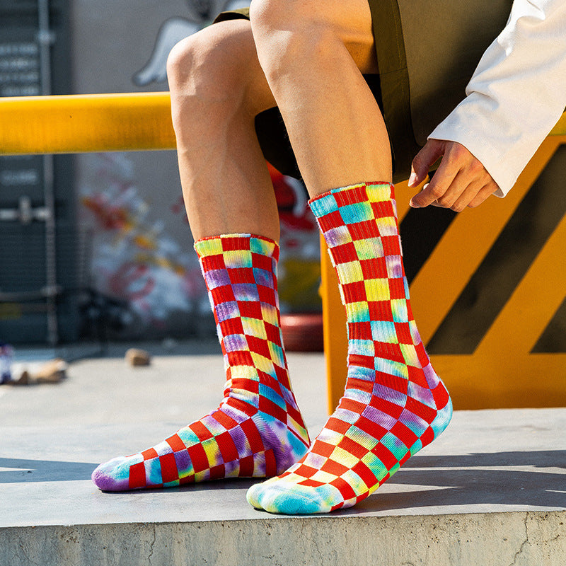 Checkerboard Tie-dye Socks Unisex 3 Pack Novelty Socks