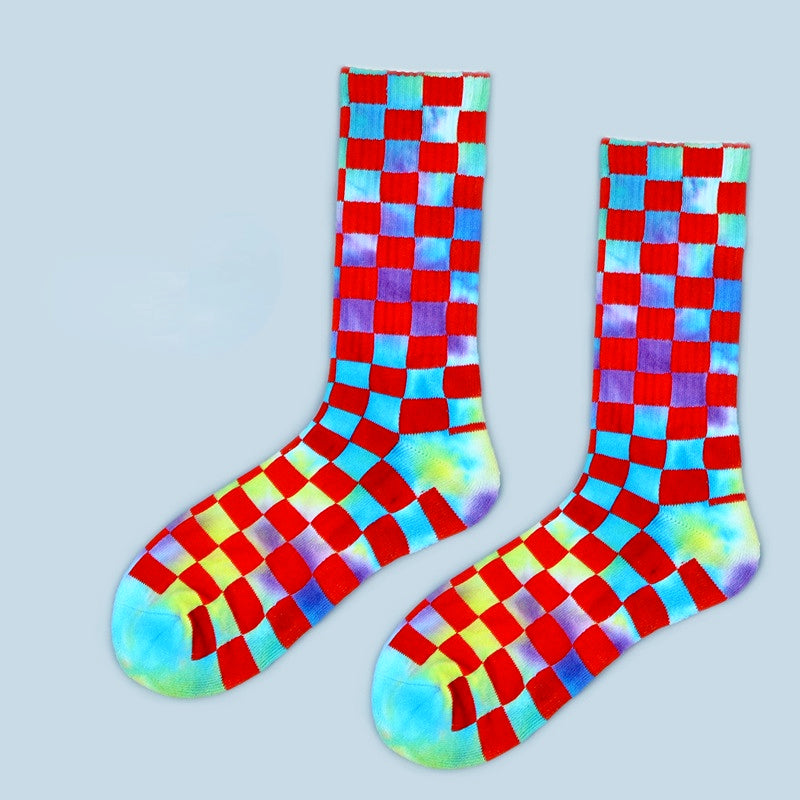 Checkerboard Tie-dye Socks Unisex 3 Pack Novelty Socks