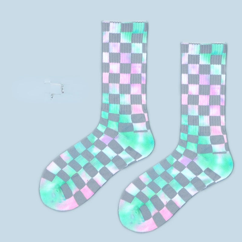 Checkerboard Tie-dye Socks Unisex 3 Pack Novelty Socks